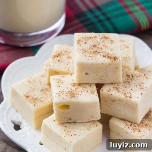 Decadent Eggnog Fudge Recipe for Holiday Parties 6 This eggnog fudge is smooth, creamy & tastes like Christmas. With a hint of nutmeg and creamy eggnog flavor - it makes the perfect gift too!
