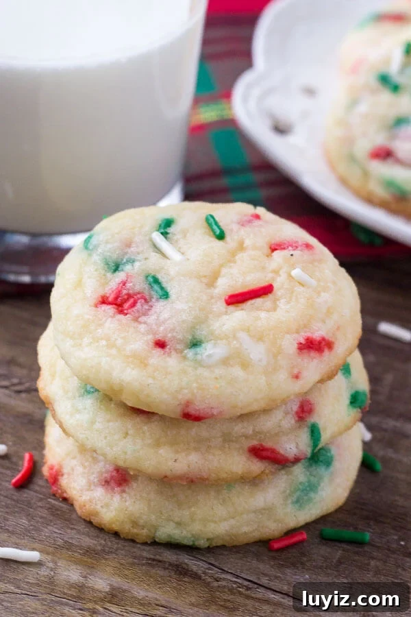 Festive Sprinkle Cookies Recipe for Holiday Parties 4 These Holiday Sprinkle Cookies are pillowy soft and melt-in-your-mouth. They have a delicious buttery vanilla flavor and are packed with sprinkles. They're the perfect easy cookie recipe for your holiday baking.
