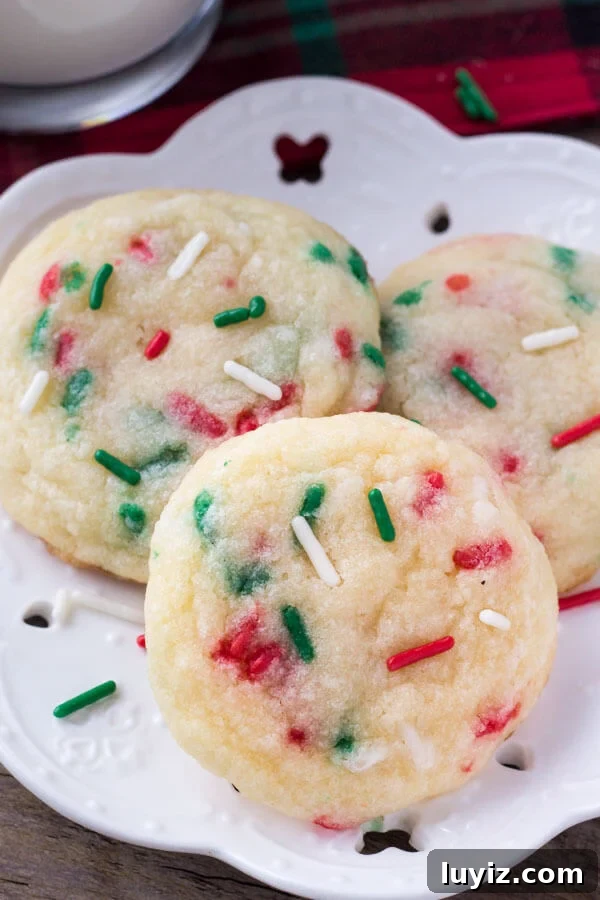 Festive Sprinkle Cookies Recipe for Holiday Parties 5 These Holiday Sprinkle Cookies are pillowy soft and melt-in-your-mouth. They have a delicious buttery vanilla flavor and are packed with sprinkles. They're the perfect easy cookie recipe for your holiday baking.