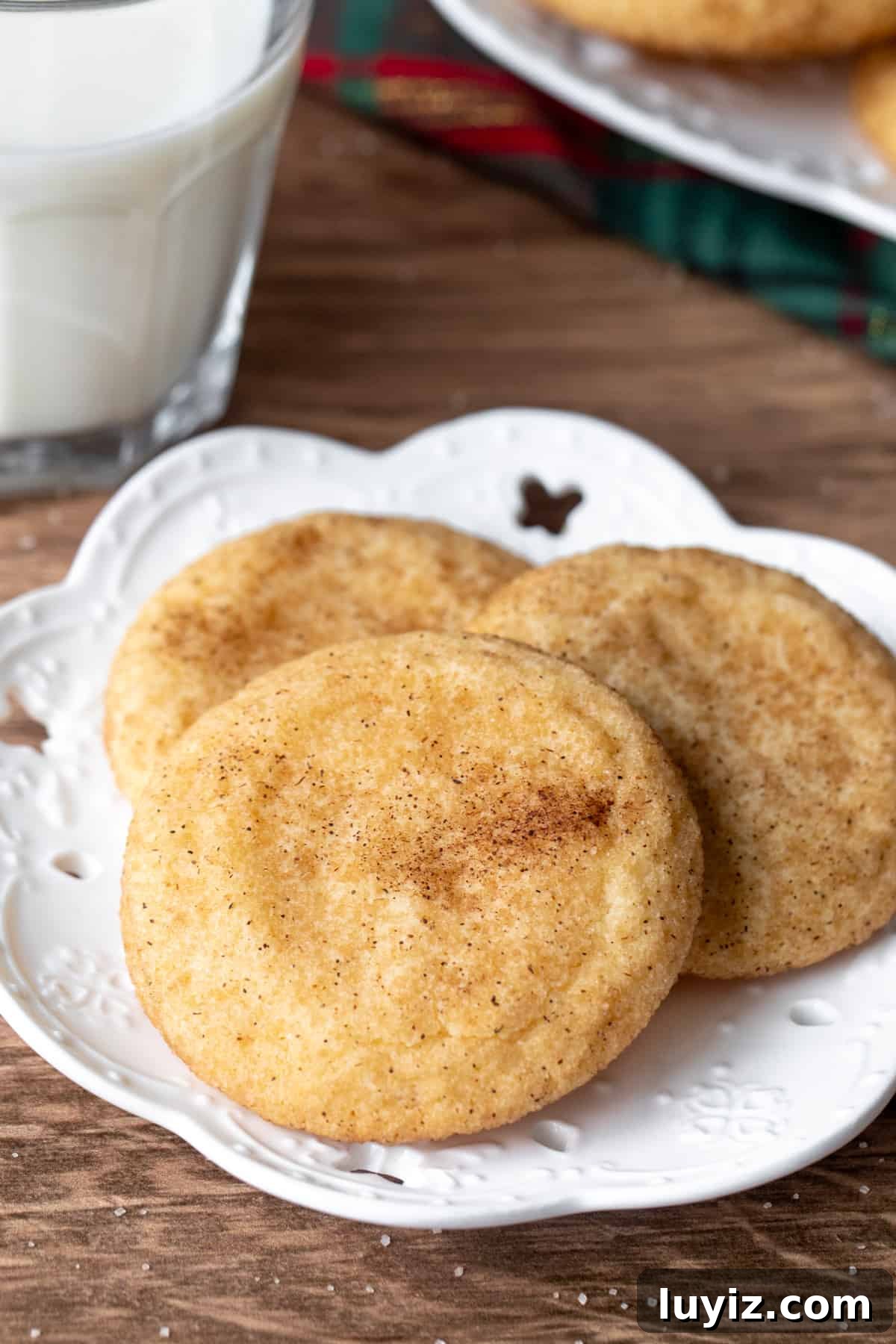 Small plate of three snickerdoodles with glass of milk