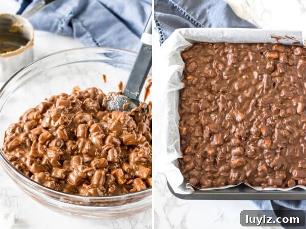 No-Bake Rocky Road Bars Recipe: Creamy Chocolate Marshmallow Squares 4 Step by step photos showing how to make rocky road bars.