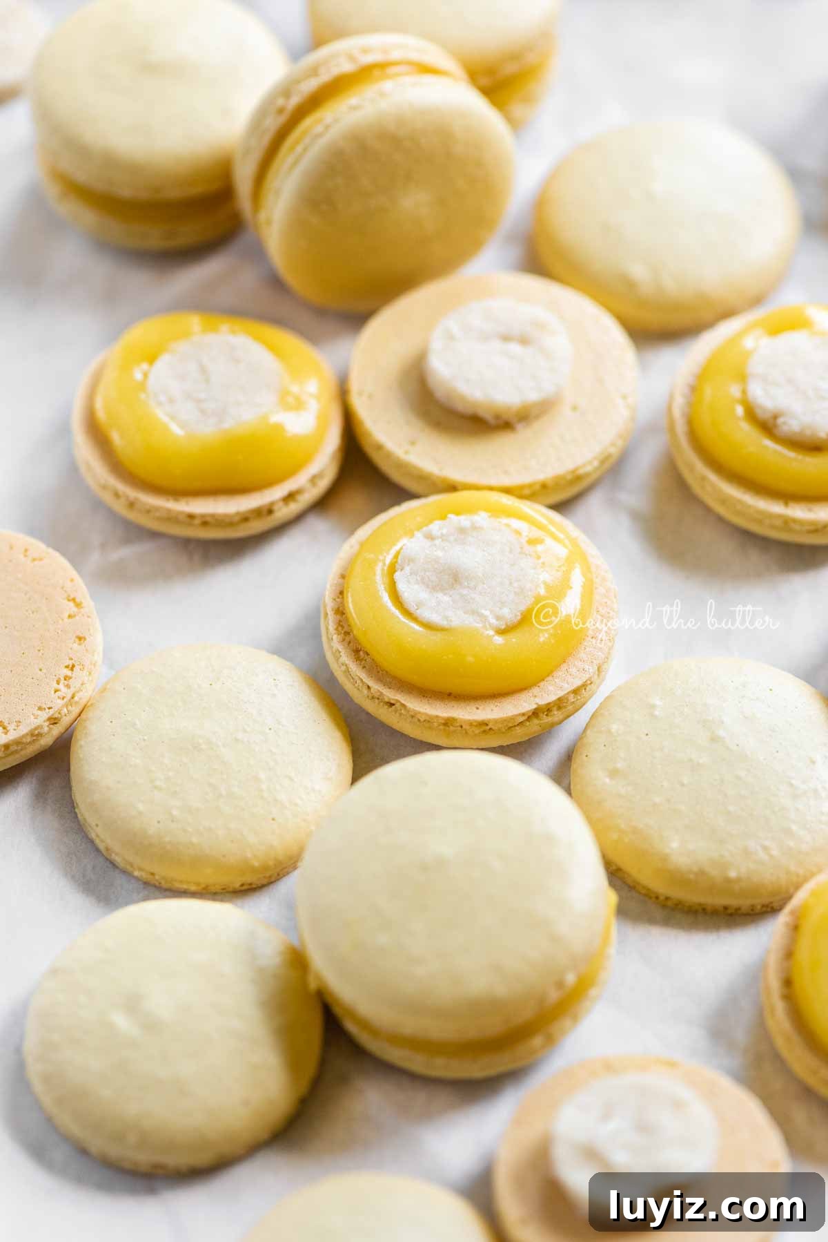 Zesty Lemon Bar Macarons: Tangy Citrus Sandwich Cookies 3 Angled image of lemon bar macarons half opened topped with shortbread crust centers and lemon curd filling | All Images © Beyond the Butter™
