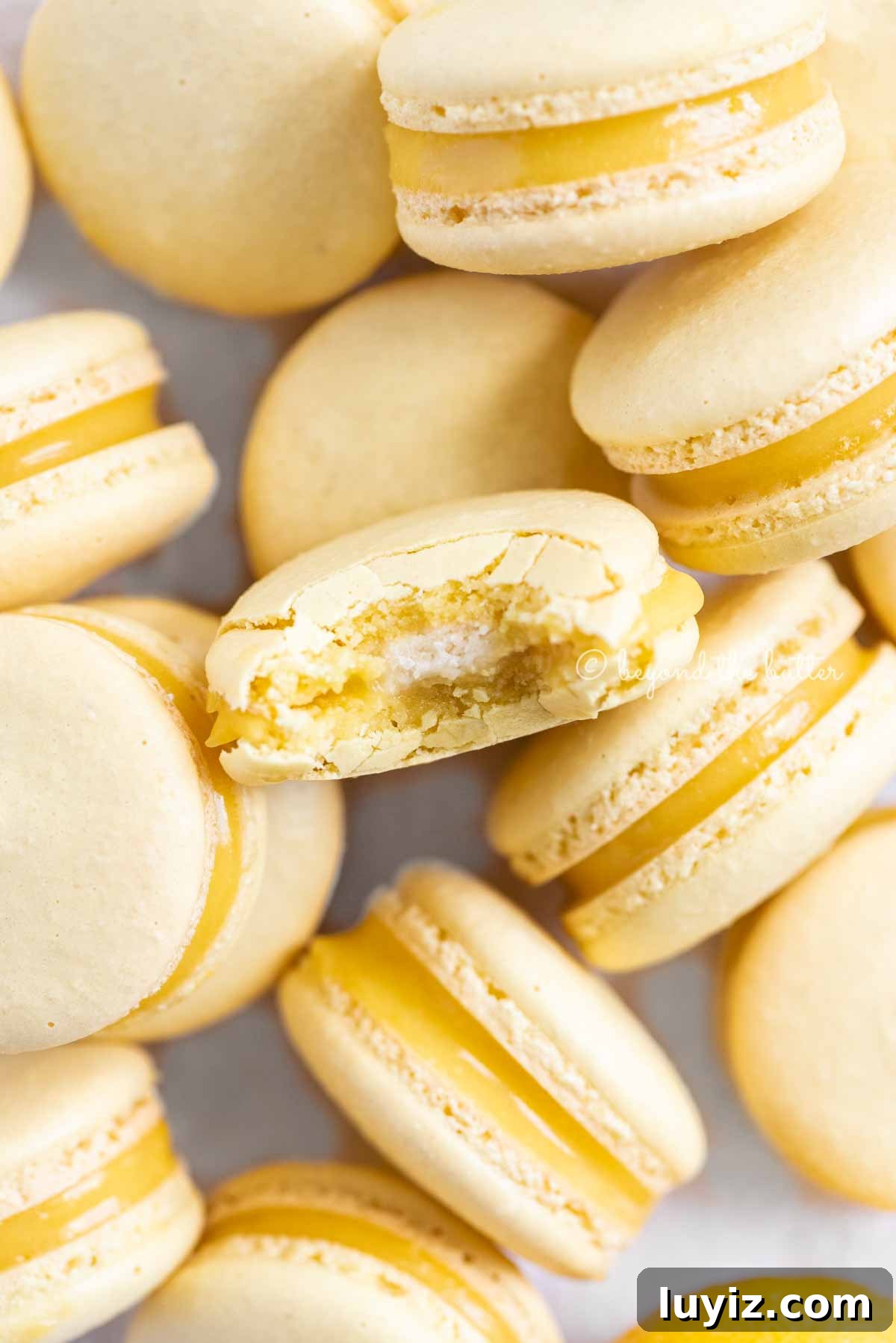 Zesty Lemon Bar Macarons: Tangy Citrus Sandwich Cookies 9 Randomly placed lemon macarons with a bite taken out of the center macaron | All Images © Beyond the Butter™