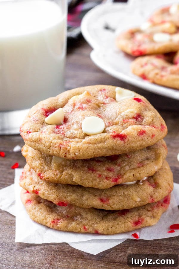 10 Last-Minute Christmas Treats to Impress Guests Quickly 13 A stack of candy cane white chocolate cookies with a glass of milk.