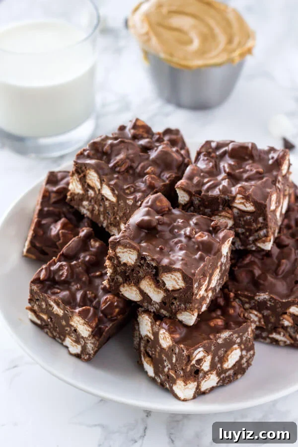 10 Last-Minute Christmas Treats to Impress Guests Quickly 10 No Bake Rocky Road Squares made with peanut butter, chocolate, Rice Krispies and marshmallows.