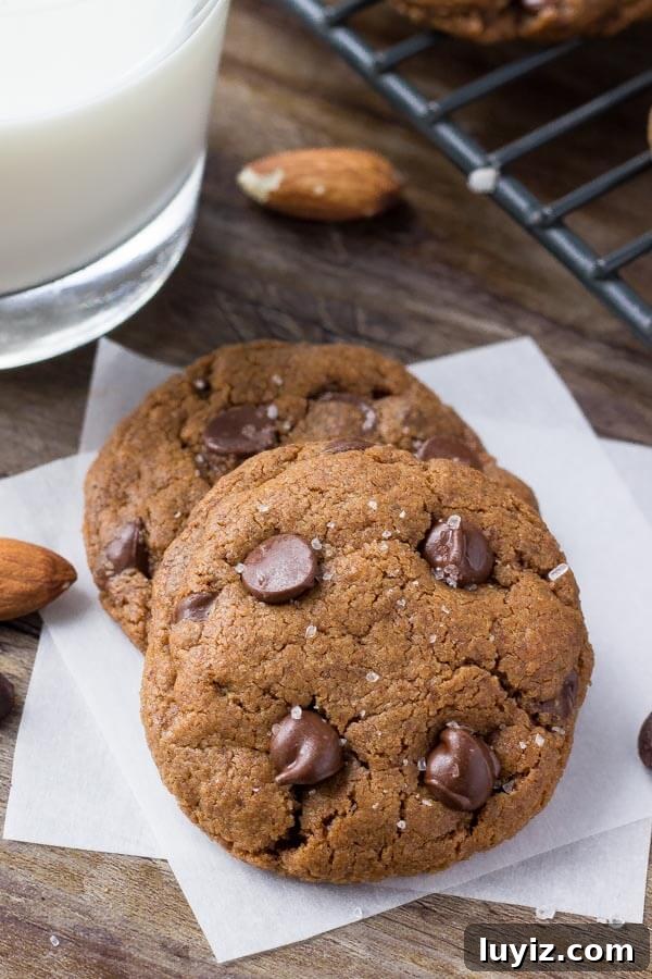 Chocolate Chip Almond Butter Cookies Recipe for Crispy Bites 2 Two almond butter chocolate chip cookies with a glass of milk and wire rack of cookies cooling in the background.