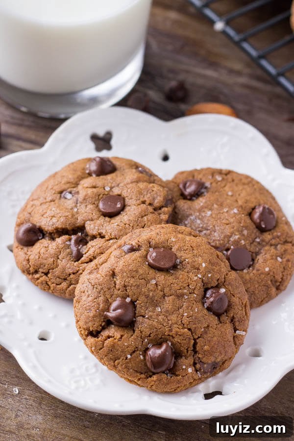 Chocolate Chip Almond Butter Cookies Recipe for Crispy Bites 4 A plate of 3 almond butter chocolate chip cookies.
