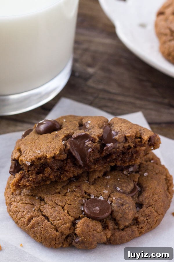 Chocolate Chip Almond Butter Cookies Recipe for Crispy Bites 5 An almond butter chocolate chip cookie broken in half.