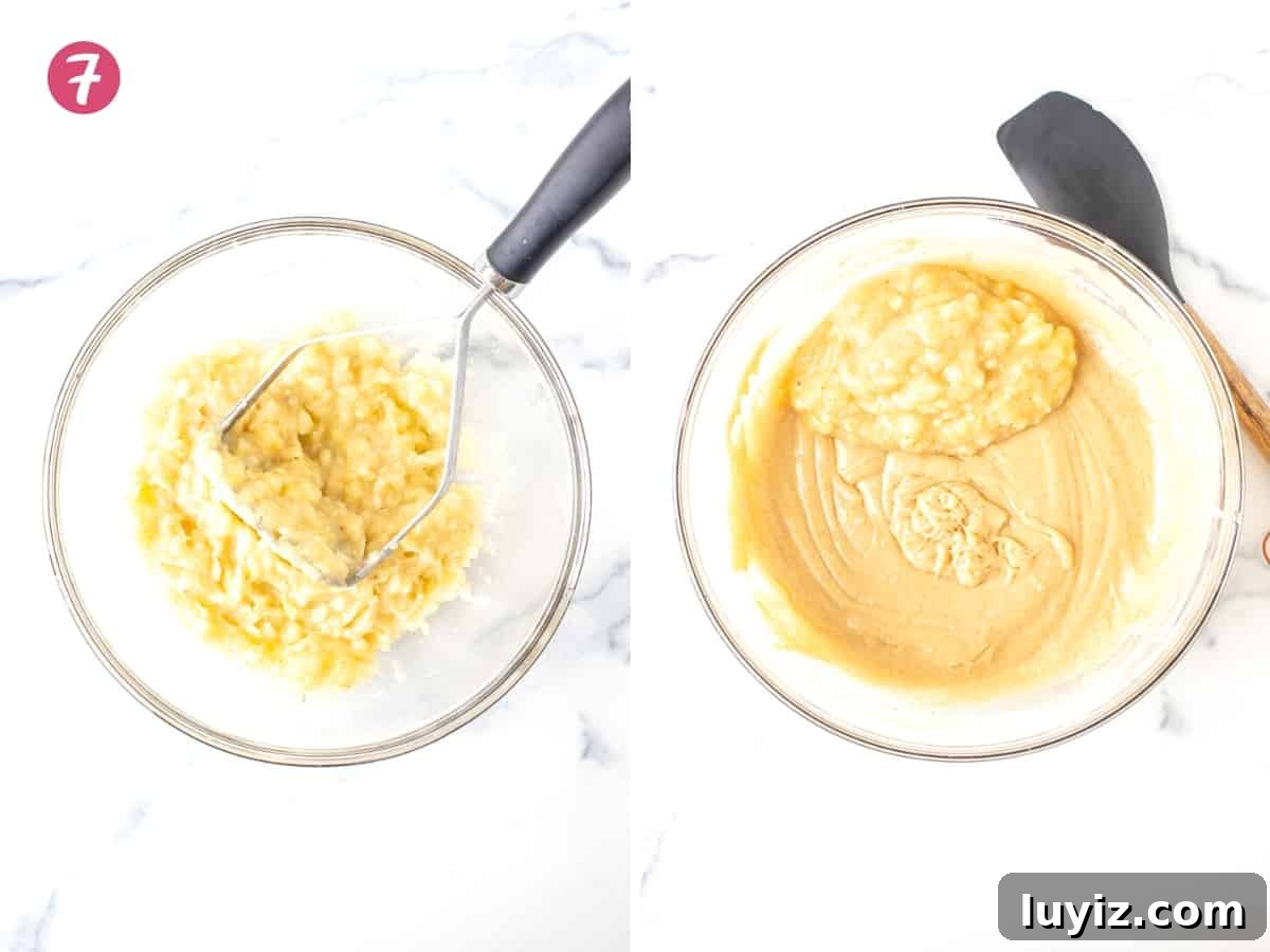 Moist Banana Coffee Cake Recipe for Brunch or Dessert 6 Bowl of mashed bananas and bowl of banana cake batter