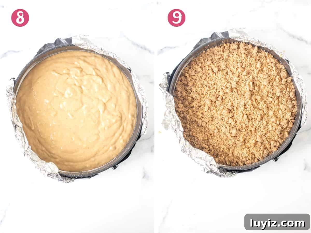 Moist Banana Coffee Cake Recipe for Brunch or Dessert 7 Banana cake batter in pan, and cake with streusel sprinkled on top