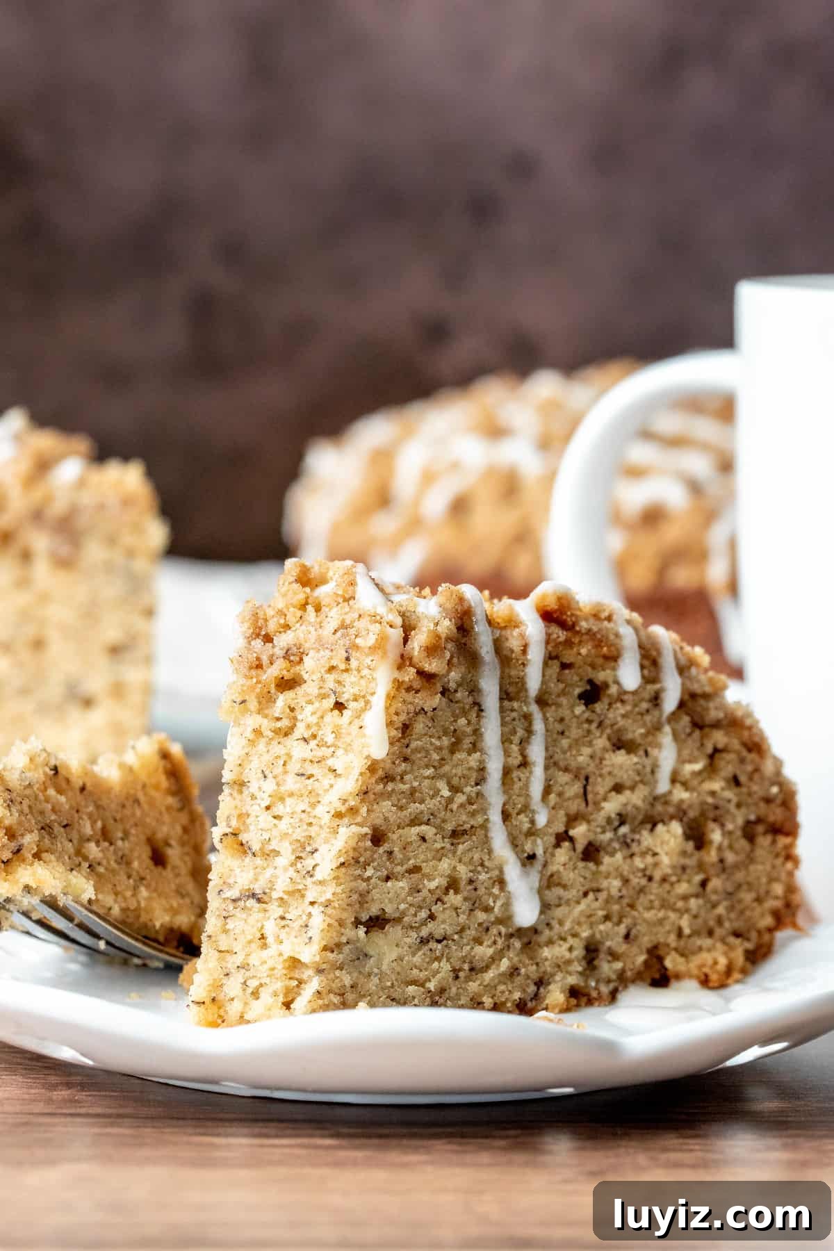 Moist Banana Coffee Cake Recipe for Brunch or Dessert 9 Slice of banana cake with streusel topping with bite taken out
