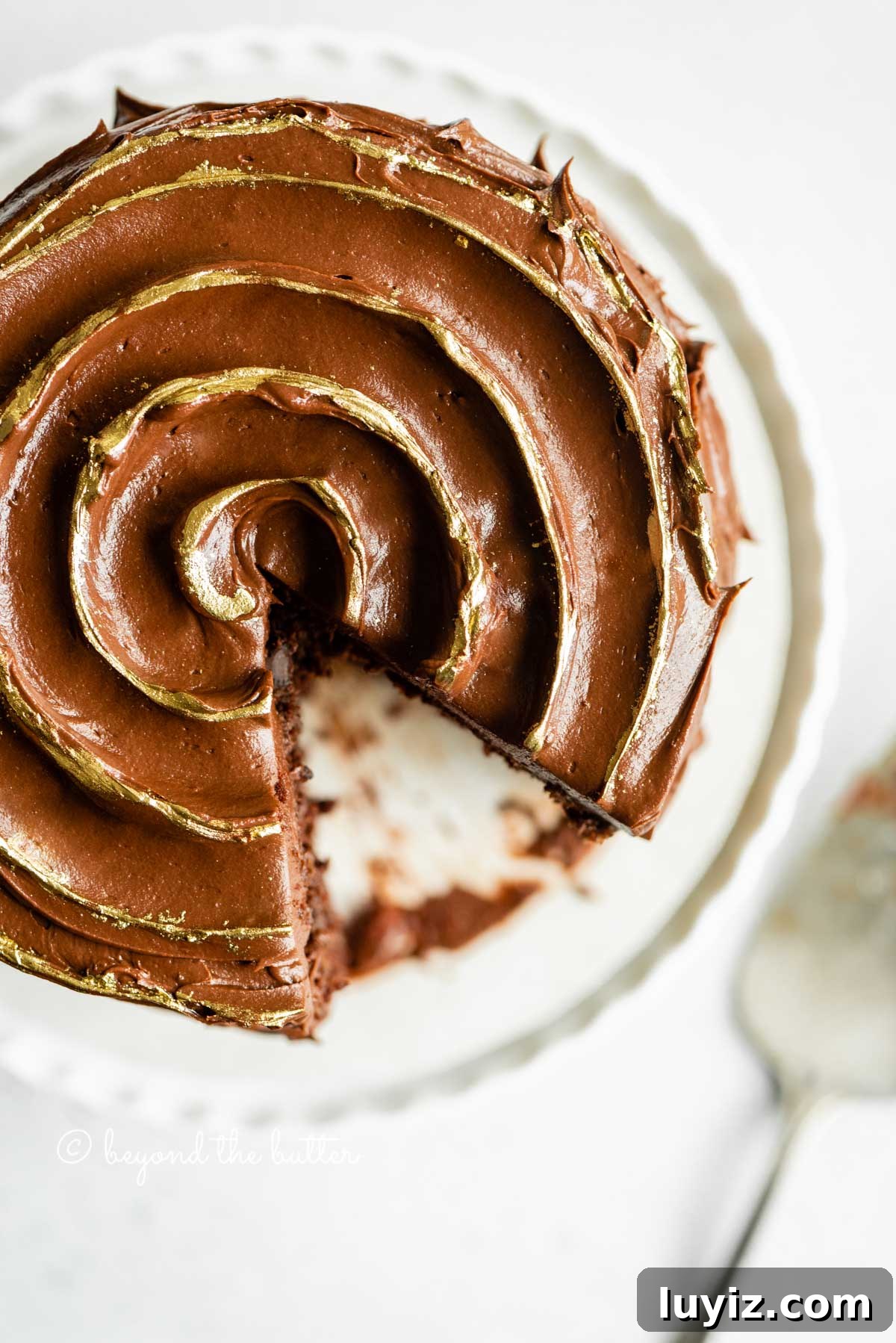 Moist Chocolate Zucchini Cake Recipe with Cocoa and Oil 2 Overhead image of chocolate zucchini cake with chocolate chip with a slice removed | All Images © Beyond the Butter™