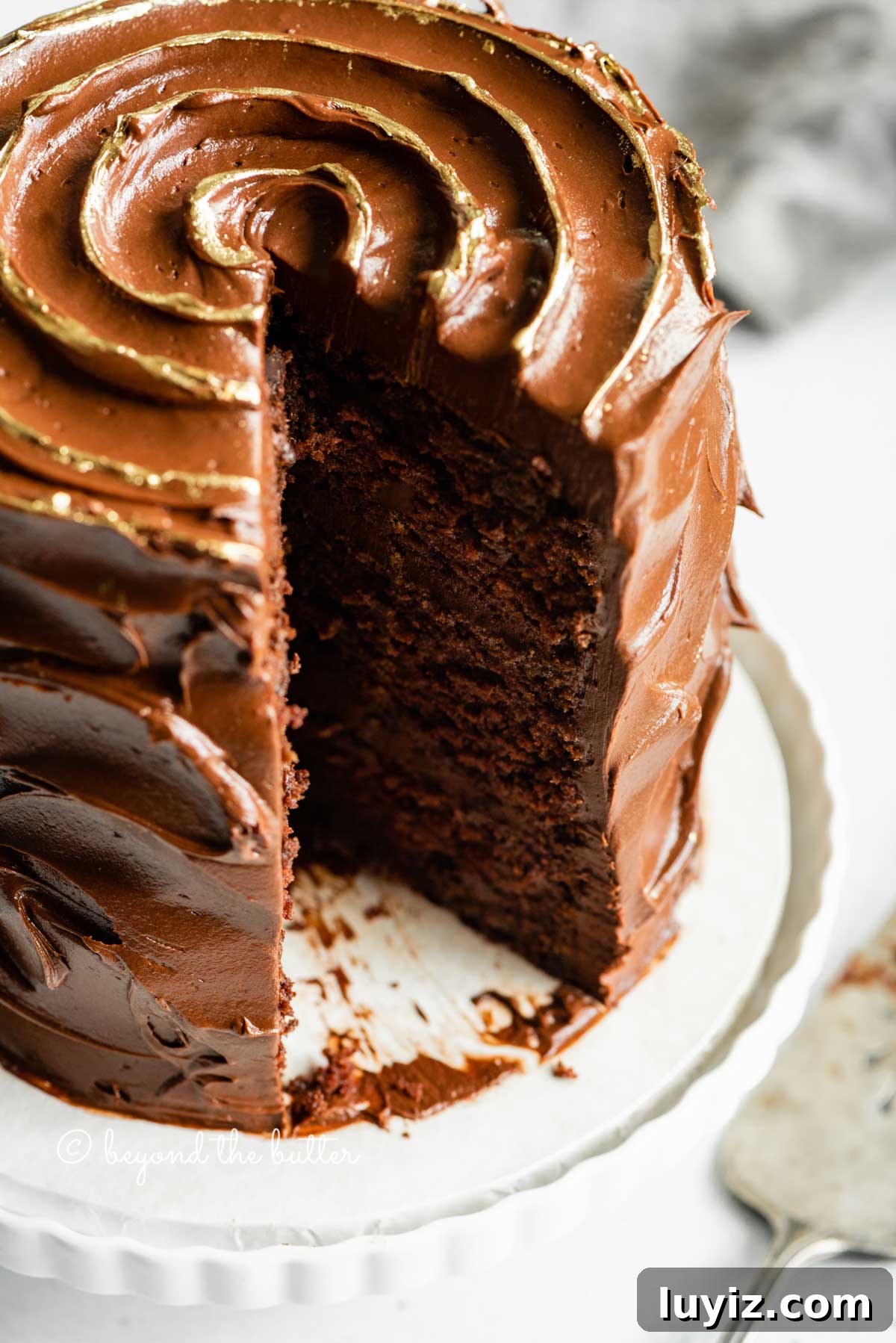 Moist Chocolate Zucchini Cake Recipe with Cocoa and Oil 5 Angled closeup image of chocolate zucchini cake with gold decorative swirl on top and slice removed | All Images © Beyond the Butter™
