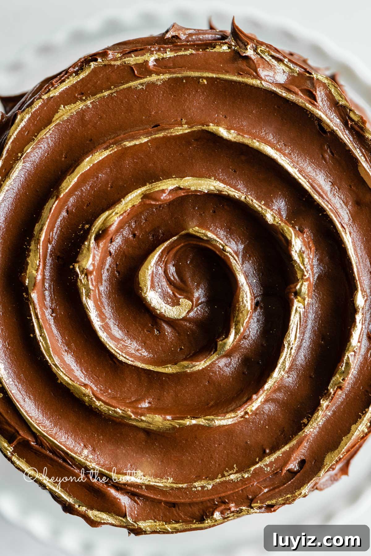 Moist Chocolate Zucchini Cake Recipe with Cocoa and Oil 6 Overhead closeup image of chocolate zucchini cake with chocolate chips and gold decorative swirl on top | All Images © Beyond the Butter™