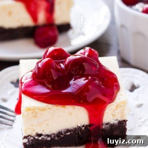 Decadent Brownie Cheesecake Recipe: Fudgy Chocolate Cheesecake 8 A slice of brownie cheesecake bars topped with cherry pie filling. They have a fudgy brownie bottom and a layer of creamy cheesecake on top.