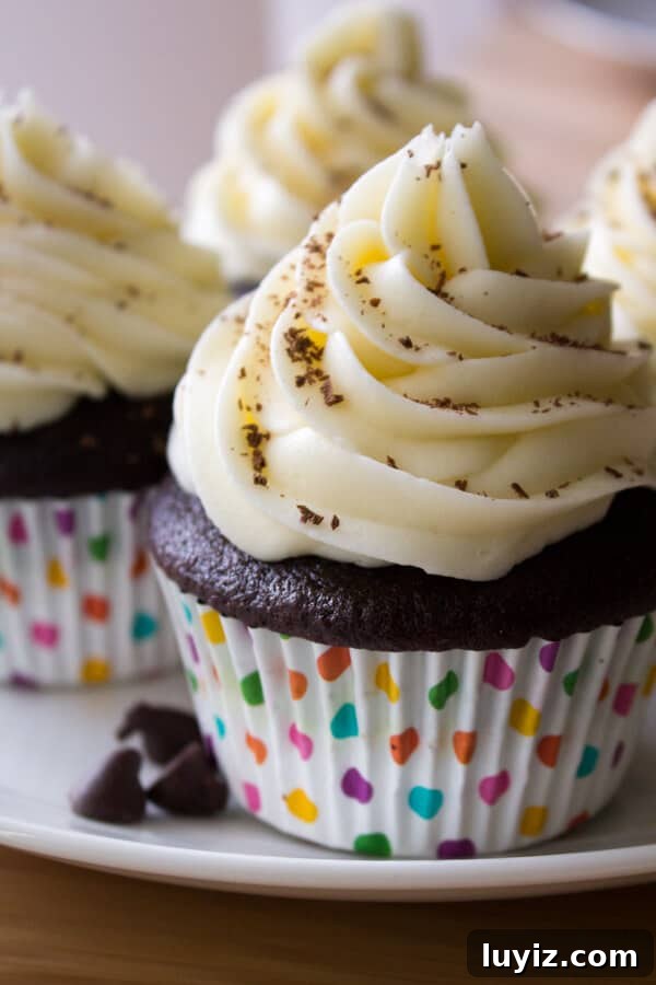 Decadent Chocolate Cupcakes with Cream Cheese Frosting 2 Chocolate Cupcakes with Cream Cheese Frosting. The perfect chocolate cupcakes are made even better by frosting them with thick & creamy cream cheese buttercream! www.justsotasty.com