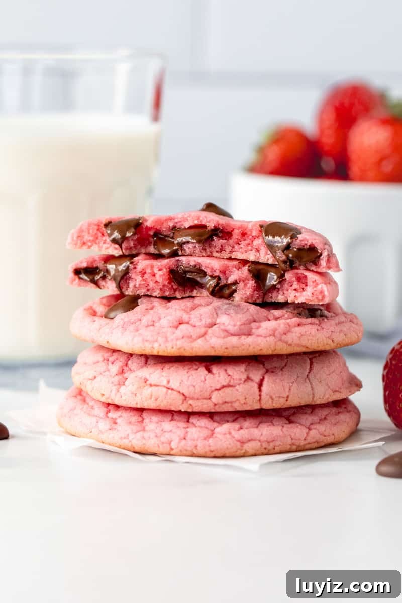 Strawberry Cake Mix Cookie Recipe: Soft, Chewy Treats 5 Stack of cake mix strawberry cookies with top cookie broken in half