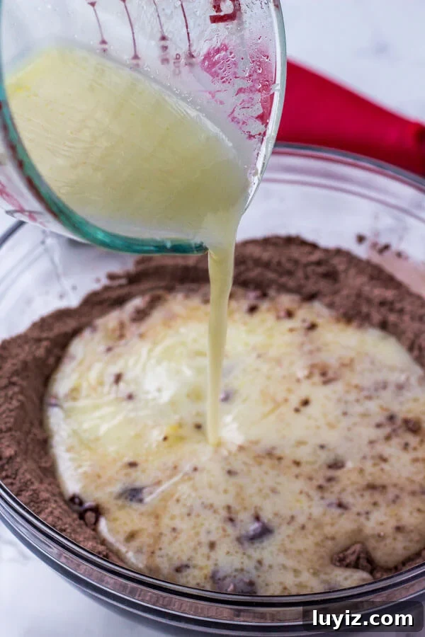 When making chocolate pancakes, gently fold the wet ingredients into the dry ingredients