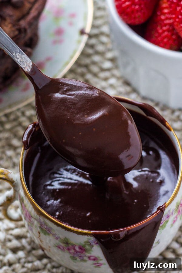 A drizzle of chocolate ganache is perfect for these chocolate pancakes. 