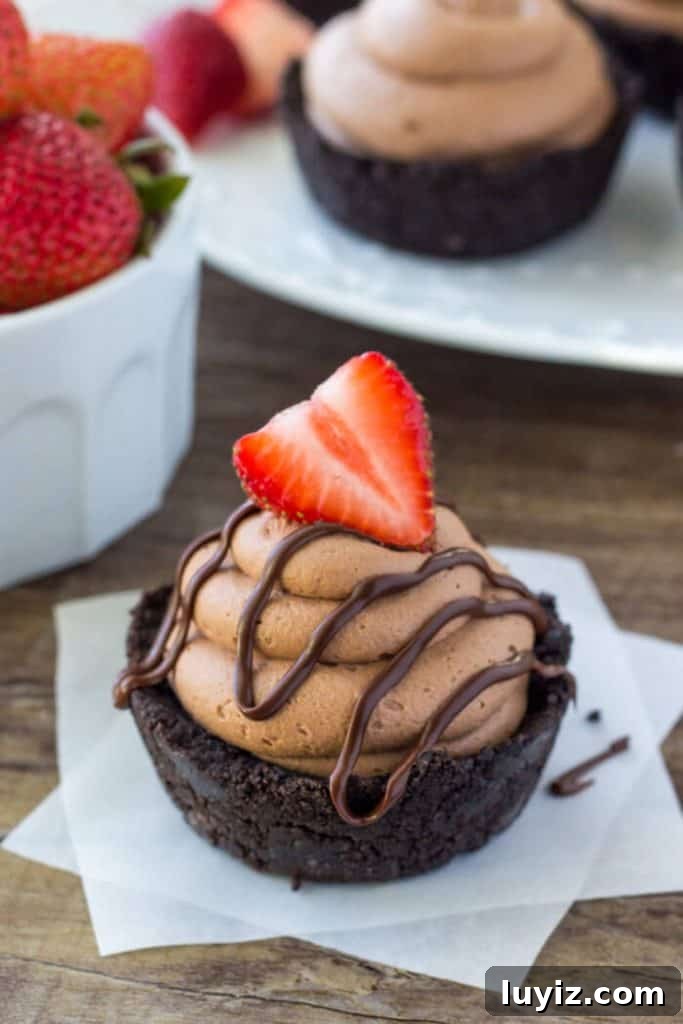 Mini No-Bake Chocolate Cheesecakes: Bite-Sized Dessert Recipe 2 Mini no bake chocolate cheesecakes with an Oreo crust, drizzle of chocolate and topped with a strawberry.