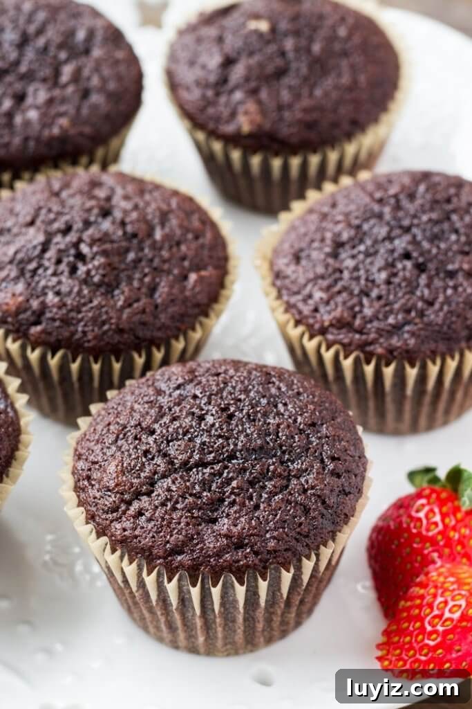 Chocolate Cupcakes Topped with Fresh Strawberry Frosting 3 A plate of moist, fluffy chocolate cupcakes.