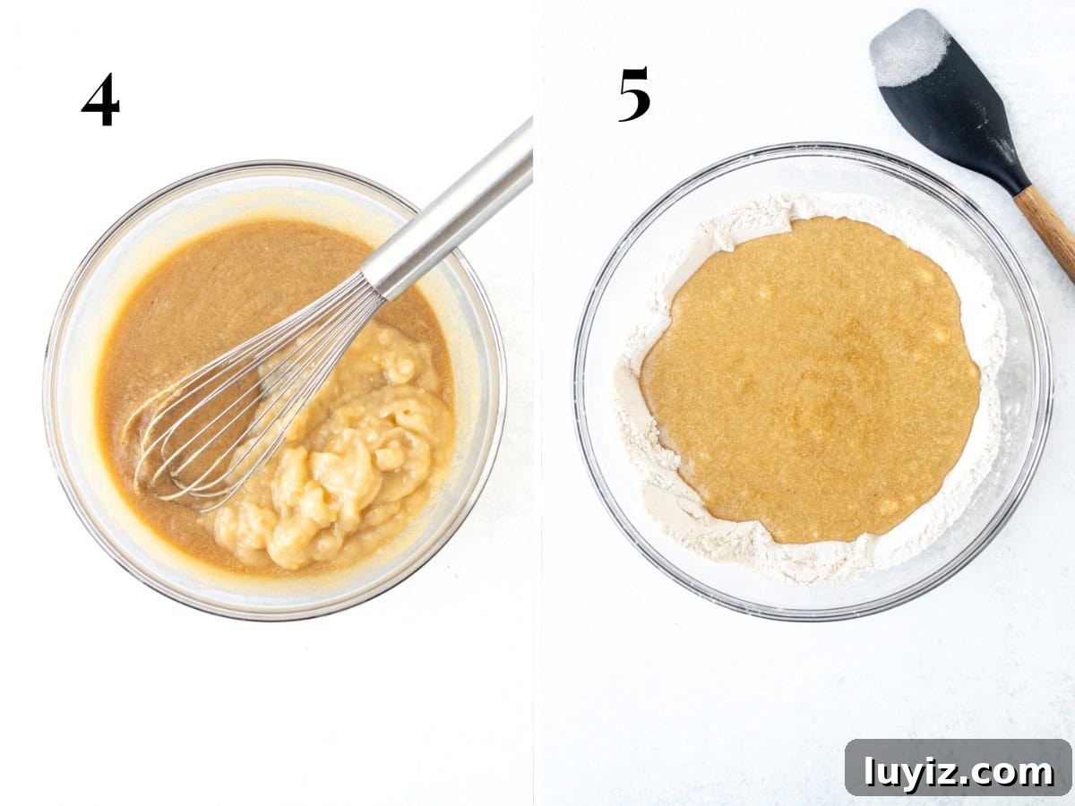 Moist Banana Bread Muffins with Cinnamon Streusel 4 Bowl of wet ingredients with mashed bananas added to the bowl, and bowl of dry ingredients with wet ingredients poured into the bowl
