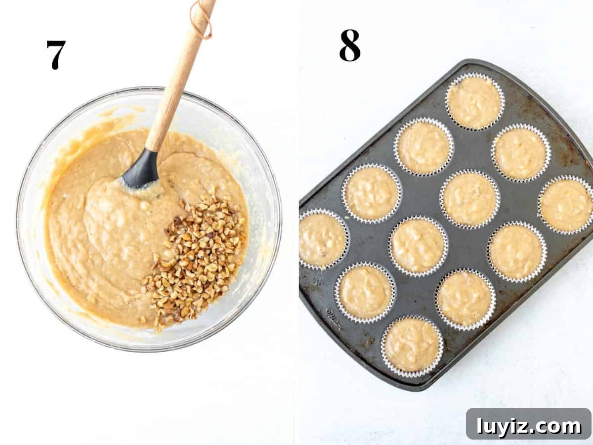 Moist Banana Bread Muffins with Cinnamon Streusel 5 Bowl of banana muffin batter with chopped walnuts and muffin tin of unbaked banana muffins