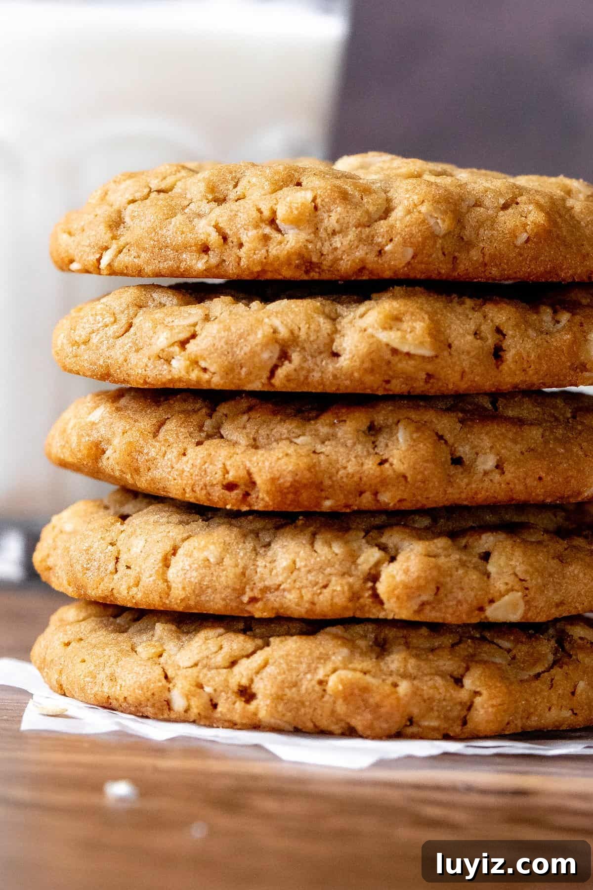Chewy Peanut Butter Oatmeal Cookies Recipe for Perfect Bakes 2 Stack of peanut butter oatmeal cookies with glass of milk