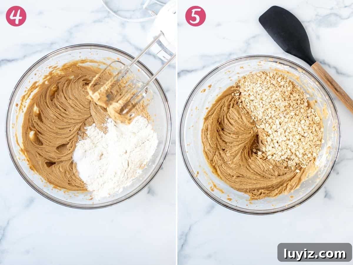 Chewy Peanut Butter Oatmeal Cookies Recipe for Perfect Bakes 4 Making peanut butter oatmeal cookie dough - 2 steps of the process.