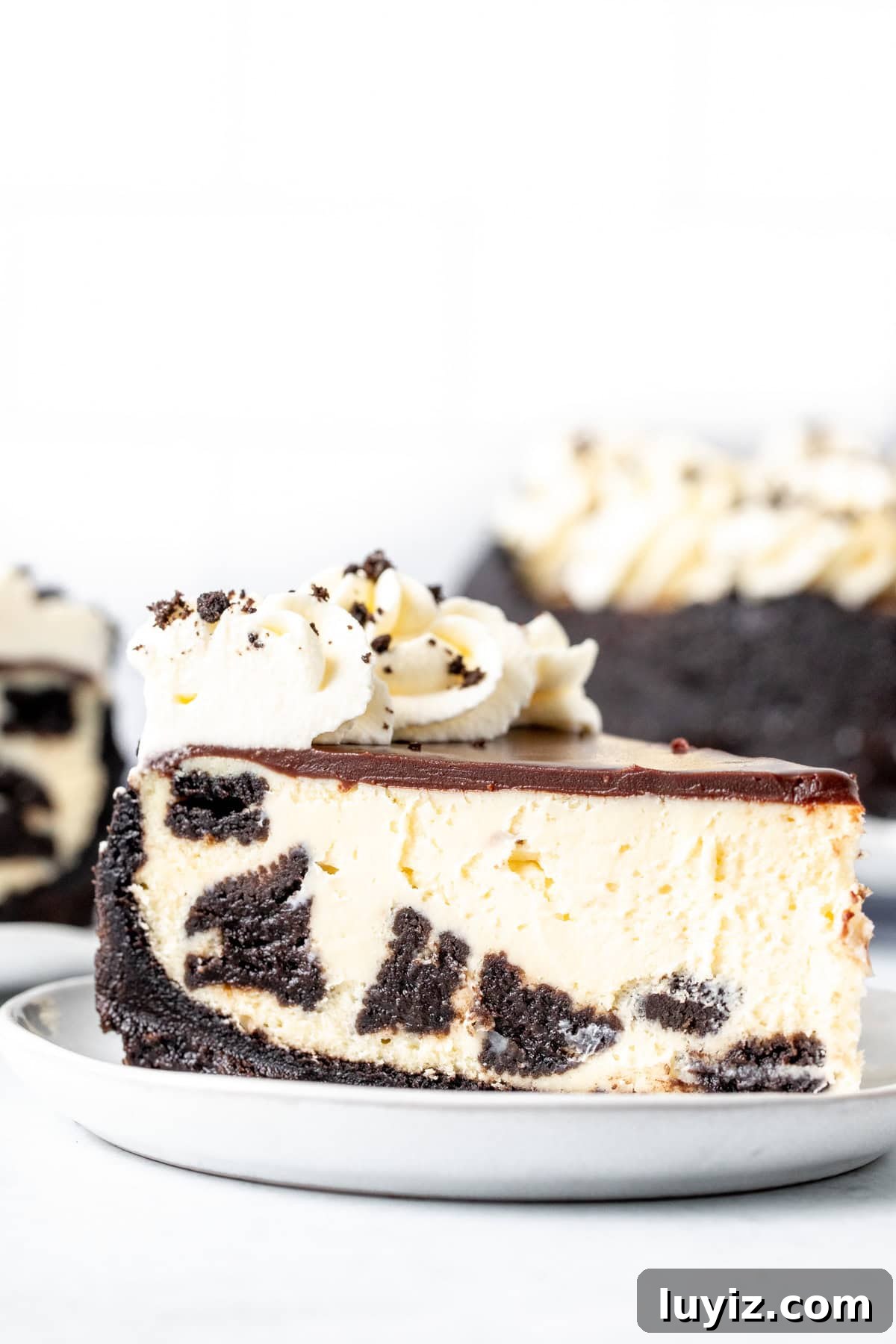 Decadent Oreo Cheesecake Recipe: Creamy Cookies & Cream Dessert 2 Slice of Oreo cheesecake with chocolate ganache topping and whipped cream