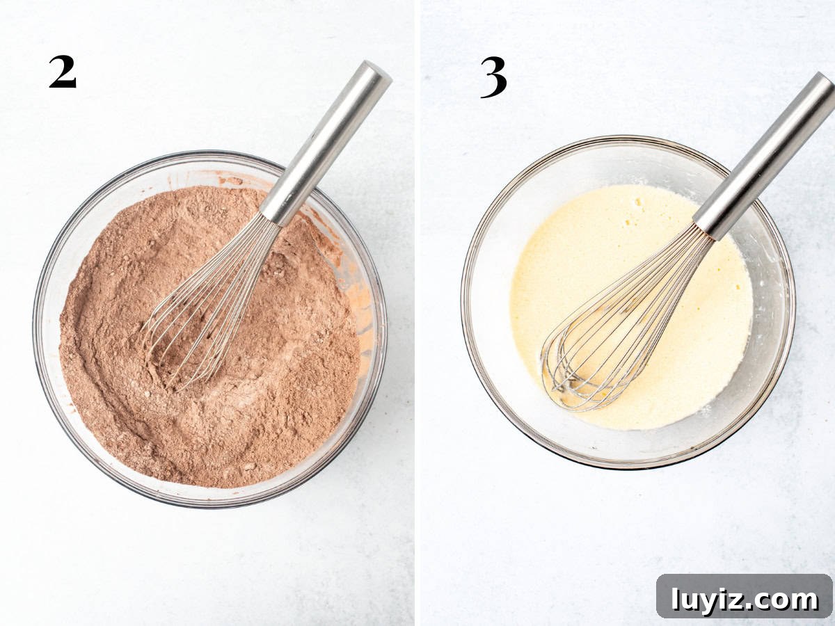Decadent Chocolate Sheet Cake Recipe for Any Occasion 3 Bowl of dry ingredients whisked together and bowl of wet ingredients whisked together