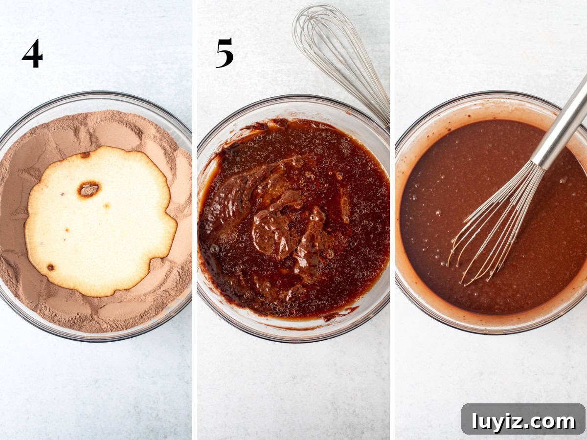 Decadent Chocolate Sheet Cake Recipe for Any Occasion 4 Combining dry and wet ingredients for making chocolate sheet cake
