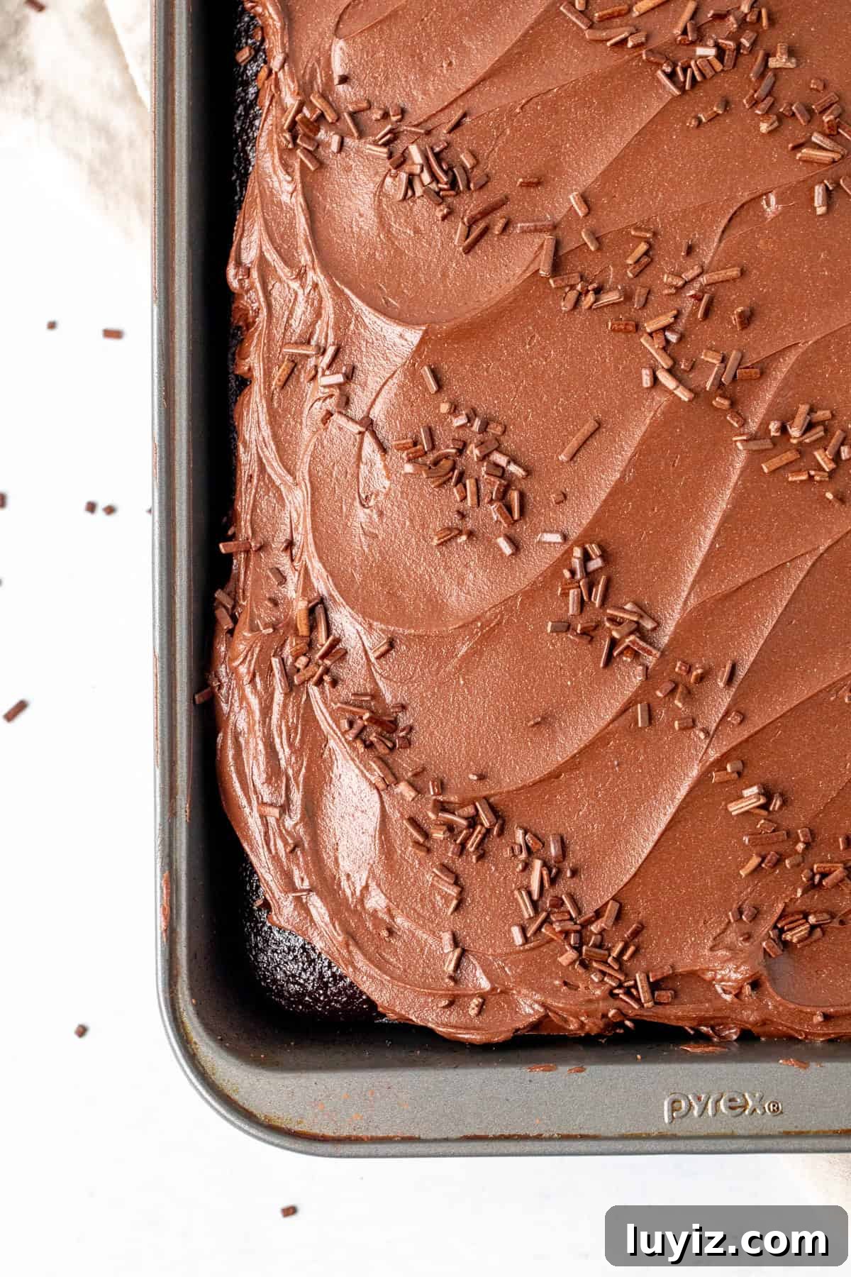 Decadent Chocolate Sheet Cake Recipe for Any Occasion 5 Chocolate sheet cake in 9x13 inch pan, topped with creamy chocolate frosting