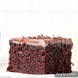 Slice of moist chocolate cake with chocolate frosting