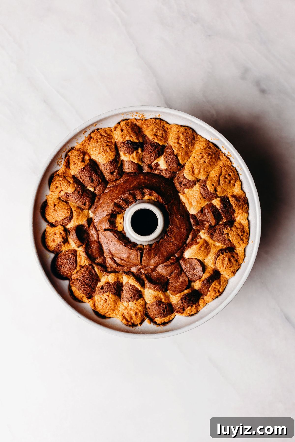 Decadent Marble Bundt Cake Recipe with Swirled Chocolate-Vanilla 11 Baked marble bundt cake in a bundt cake pan on a white marbled background.