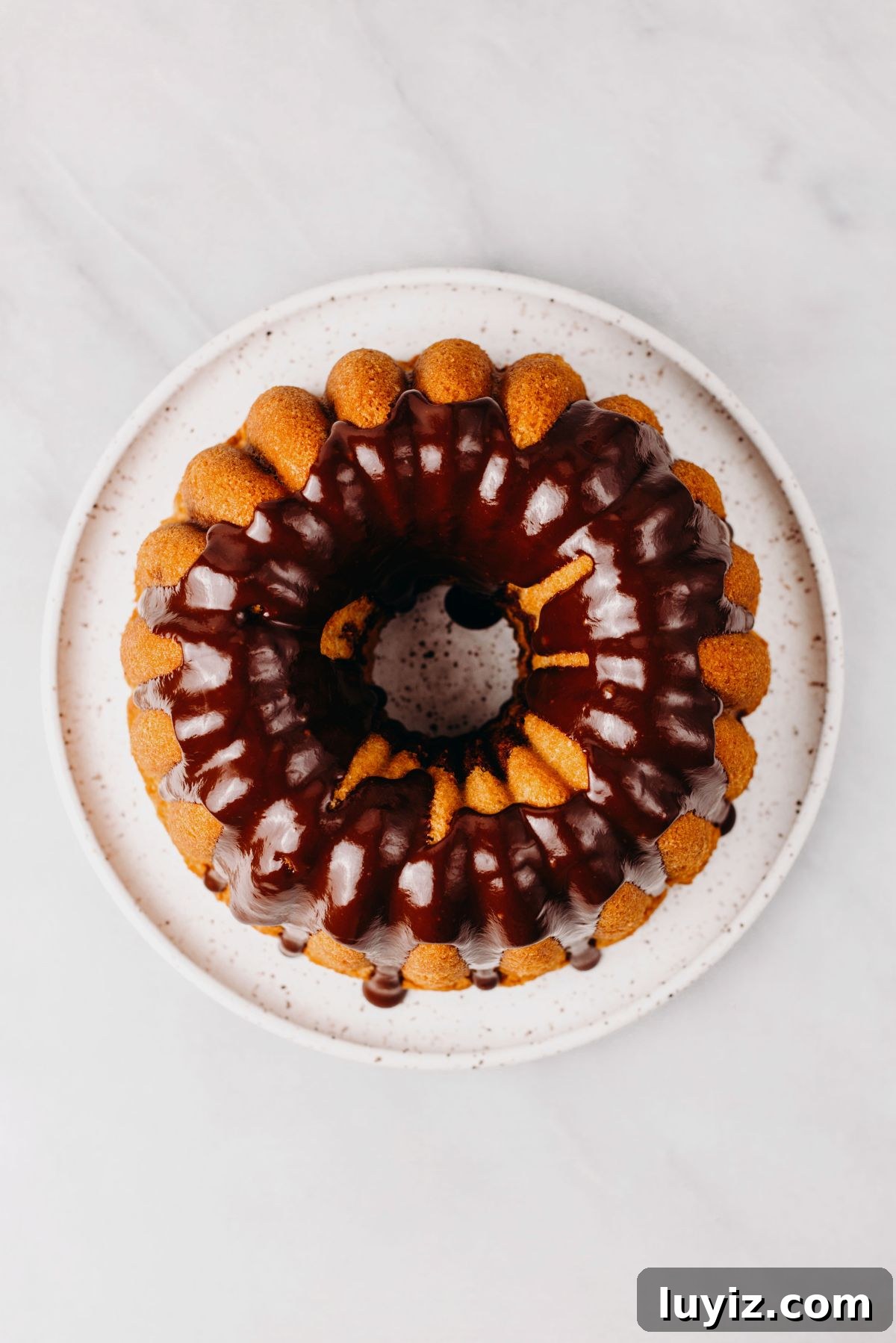 Decadent Marble Bundt Cake Recipe with Swirled Chocolate-Vanilla 14 Marble bundt cake on a white dessert plate with chocolate ganache glaze poured over the top.