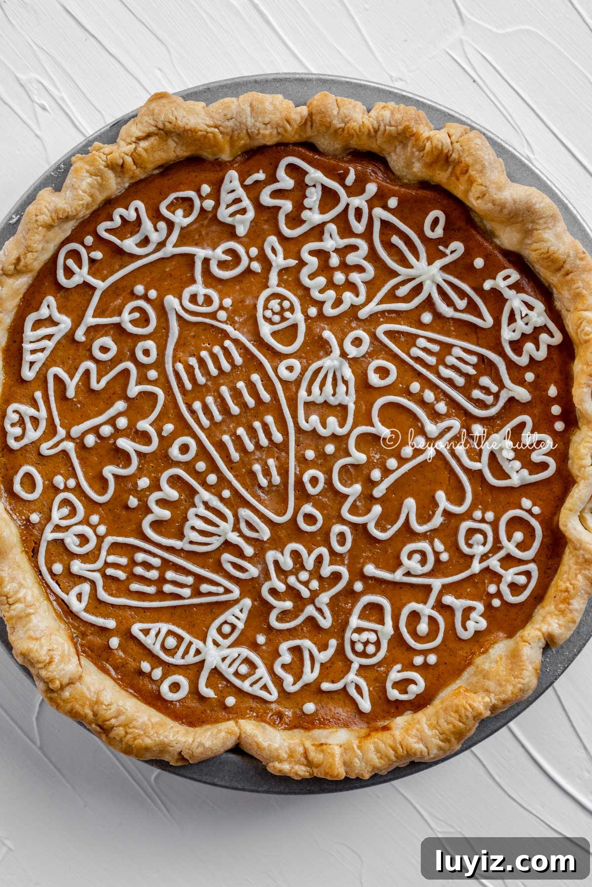 Decorate Pumpkin Pie with Cream Cheese Frosting: Step-by-Step Guide 2 Overhead image of pumpkin pie with a piped cream cheese frosting decoration | All images © Beyond the Butter™