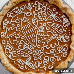 Decorate Pumpkin Pie with Cream Cheese Frosting: Step-by-Step Guide 5 Overhead image of pumpkin pie with a piped cream cheese frosting decoration.