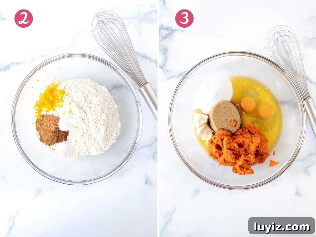 Moist Pumpkin Bread with Cream Cheese Glaze Recipe 3 Collage of bowl of dry ingredients and bowl of wet ingredients for making pumpkin bread