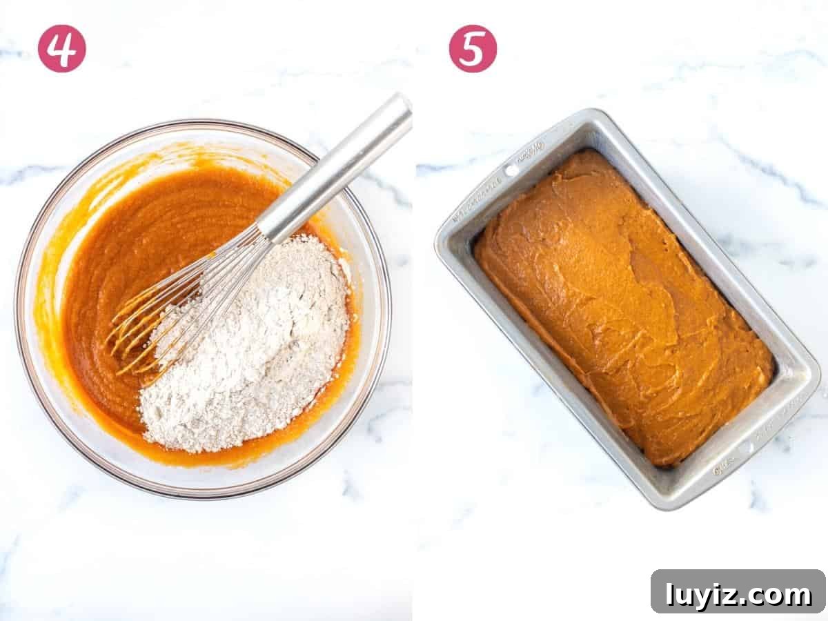 Moist Pumpkin Bread with Cream Cheese Glaze Recipe 4 Bowl of pumpkin bread batter & batter in a loaf tin.