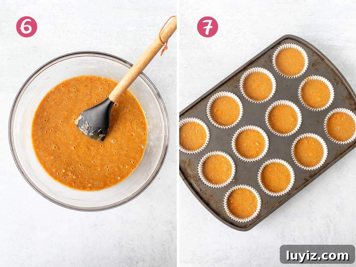 Moist Carrot Cupcakes with Cream Cheese Frosting 4 Bowl of carrot cupcake batter and pan of unbaked carrot cake cupcakes