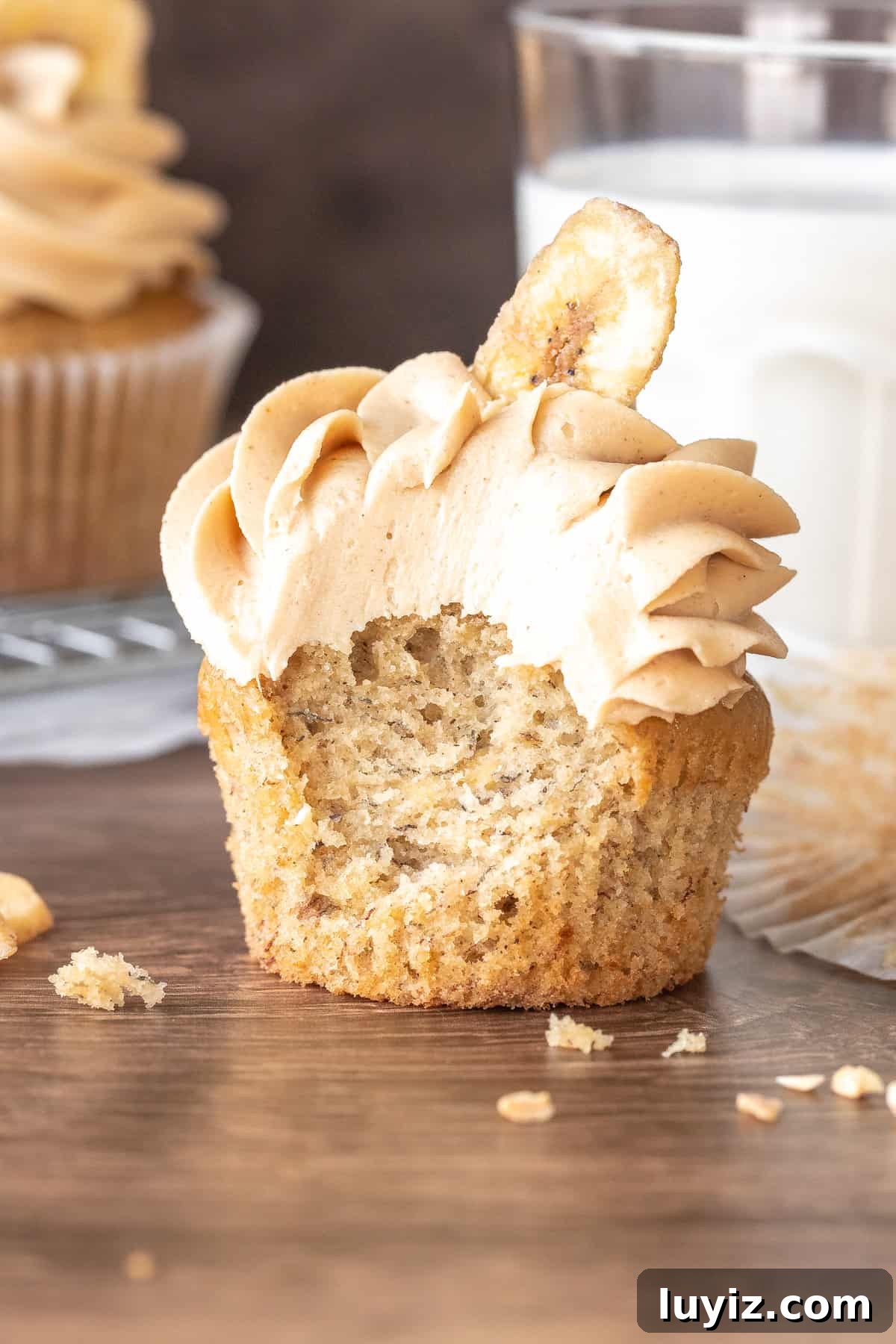 Peanut Butter Banana Cupcakes with Cream Cheese Frosting 4 Cupcake topped with frosting and a banana chip with a bite taken out