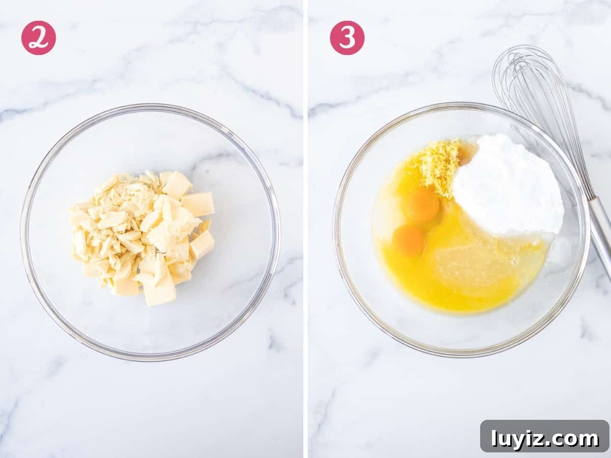Lemon Blondies (Lemon Brownies) — Zesty Citrus Dessert Recipe 4 Bowl of white chocolate and butter, and bowl of melted white chocolate and butter with sugar, eggs, vanilla, lemon zest and lemon juice
