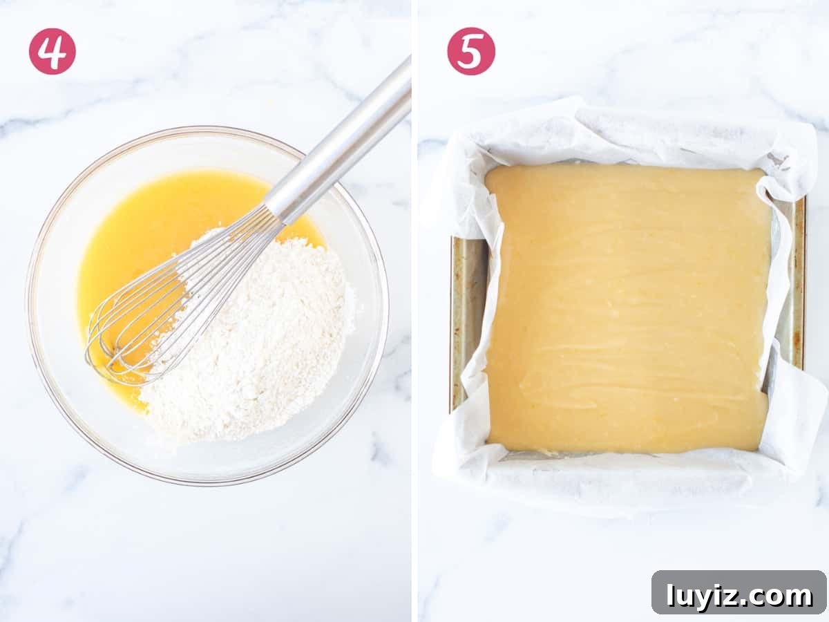 Lemon Blondies (Lemon Brownies) — Zesty Citrus Dessert Recipe 5 Bowl of lemon brownie batter after adding in the flour, and lemon brownie batter in pan