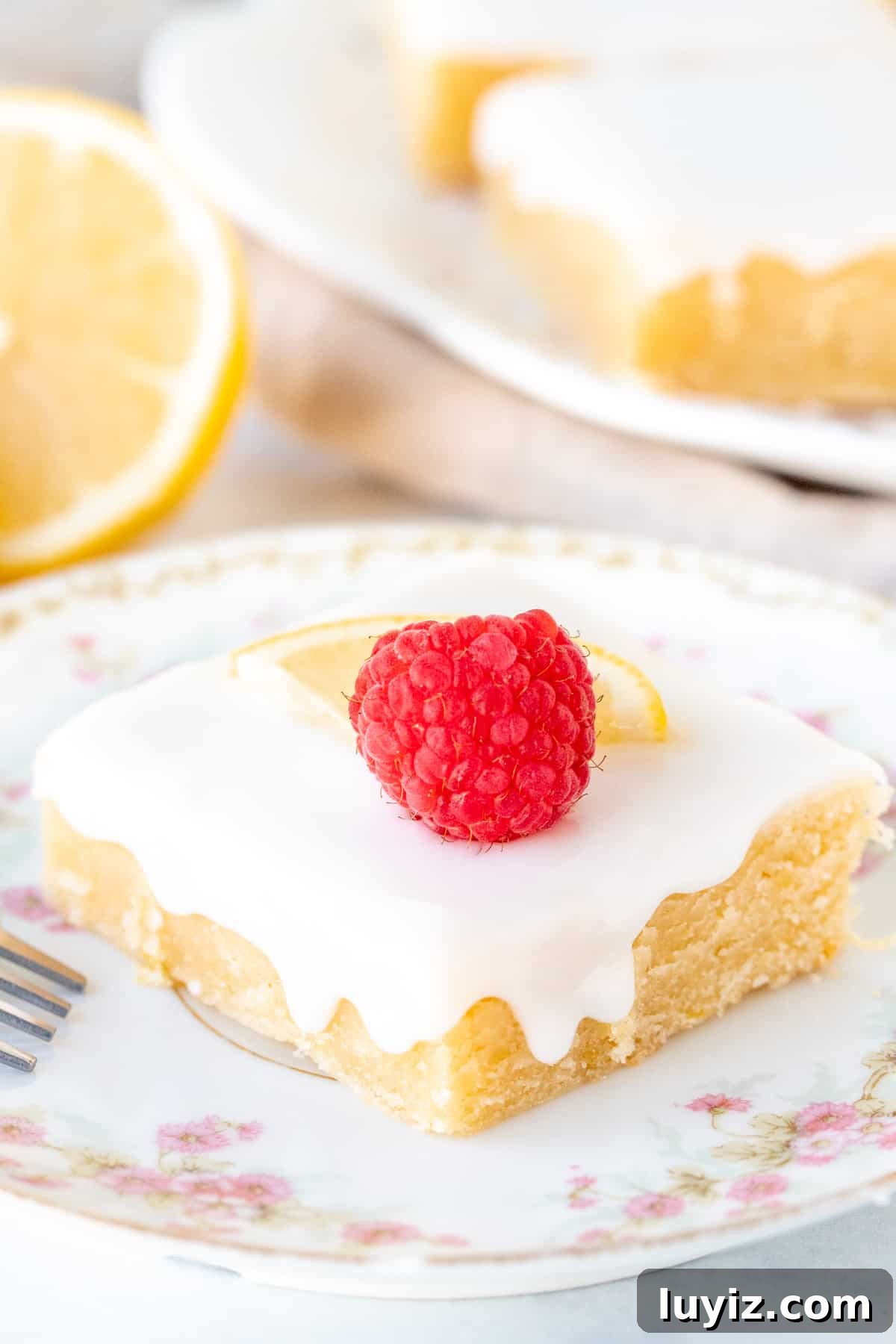 Lemon Blondies (Lemon Brownies) — Zesty Citrus Dessert Recipe 7 Glazed lemon brownie on a plate, topped with a raspberry and lemon slice