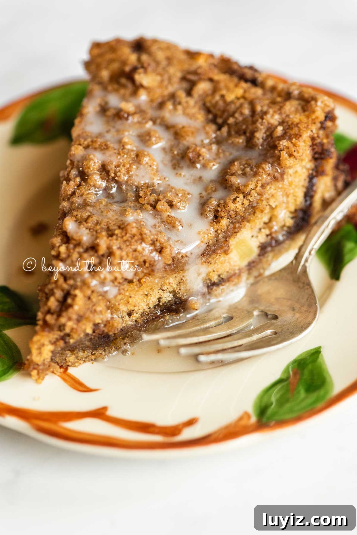 Apple Cinnamon Coffee Cake Recipe for Moist, Tender Crumbs 7 Slice of apple coffee cake on a dessert plate close up | All Images © Beyond the Butter™