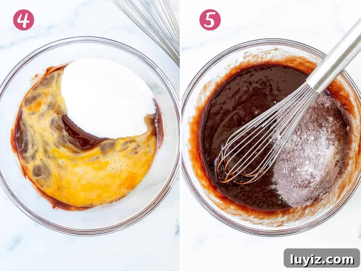 Extra-Fudgy Oreo Brownies Recipe for Chocolate Lovers 5 Bowl of melted chocolate with whisked eggs and sugar and a bowl of chocolate brownie batter with dry ingredients being whisked in.