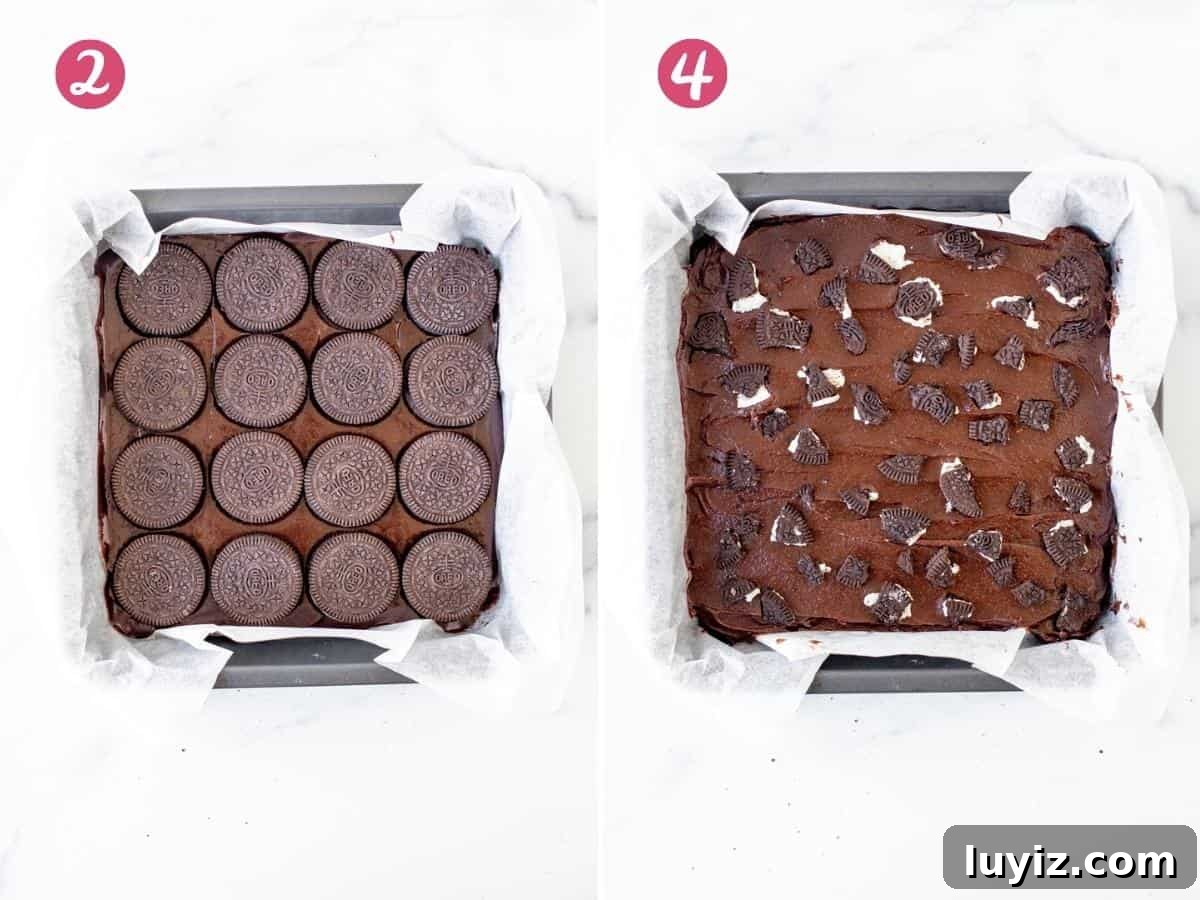 Extra-Fudgy Oreo Brownies Recipe for Chocolate Lovers 6 Pan of brownie batter with layer of Oreos on top & pan of brownie batter with crushed Oreos on top