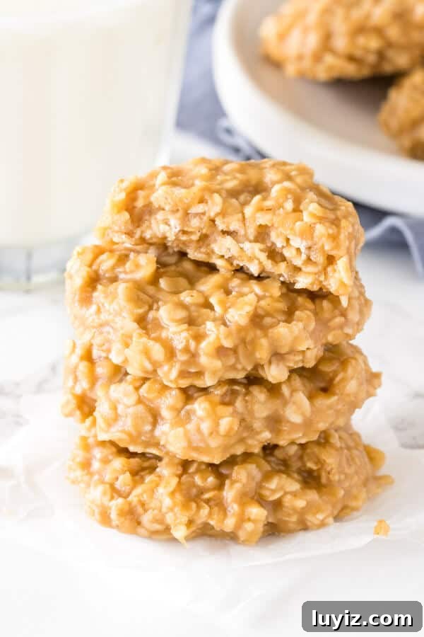No-Bake Peanut Butter Cookies Recipe That Actually Sticks Together 2 A stack of chewy no bake peanut butter oatmeal cookies.