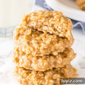 No-Bake Peanut Butter Cookies Recipe That Actually Sticks Together 5 A stack of chewy no bake peanut butter oatmeal cookies.
